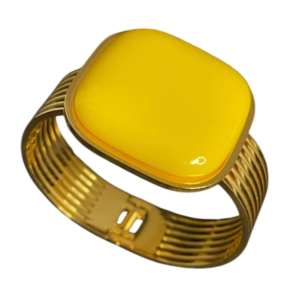 FASHION JEWELRY WIDE SCUFF STAINLESS STEEL BRACELET GOLD COLOR WITH YELLOW TOP